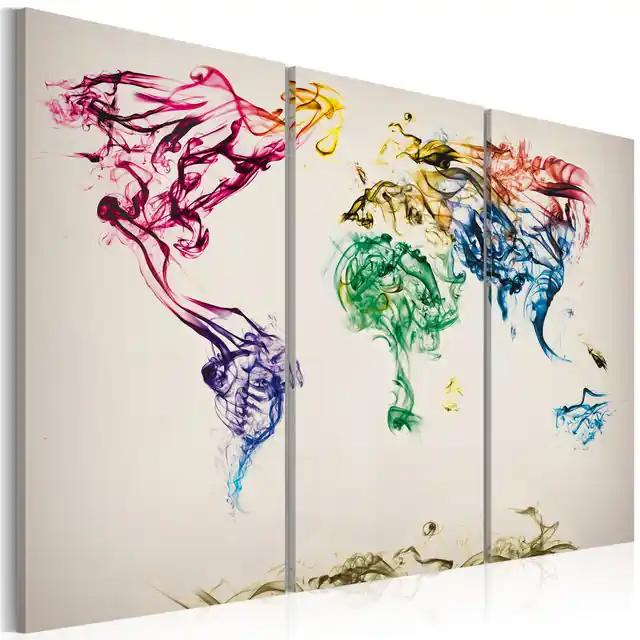 Tablou - The World map - colored smoke trails - triptych Retur ușor