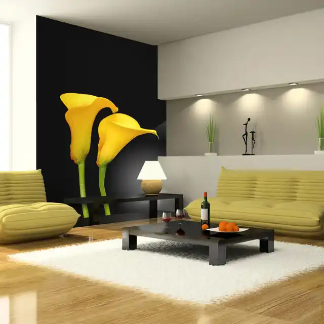 Fototapet - Two yellow calla flowers on a black background Doar azi