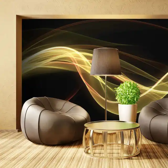 Fototapet - Yellow wave form floating in dark Promoție