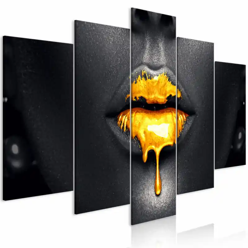 Tablou - Gold Lips (5 Parts) Wide Promoție