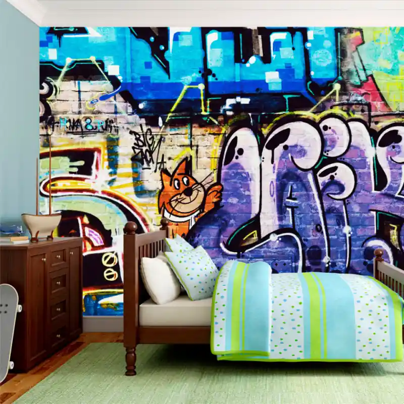 Fototapet - Zid de graffiti - street art mural cu o pisică roșcată și inscripții colorate Premium