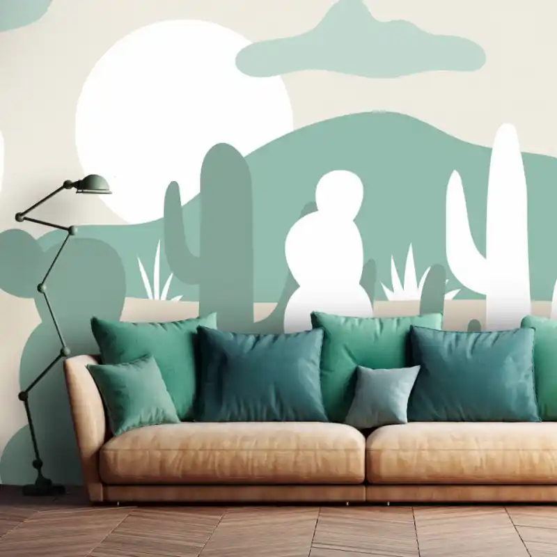 Expediere rapidă Fototapet - Cactuși deșertic - peisaj minimalist în culorile nisipului și verde