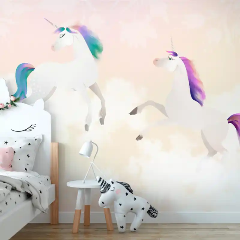 Noutate Fototapet - Două unicornuri - pegasii de poveste în nori roz și flori