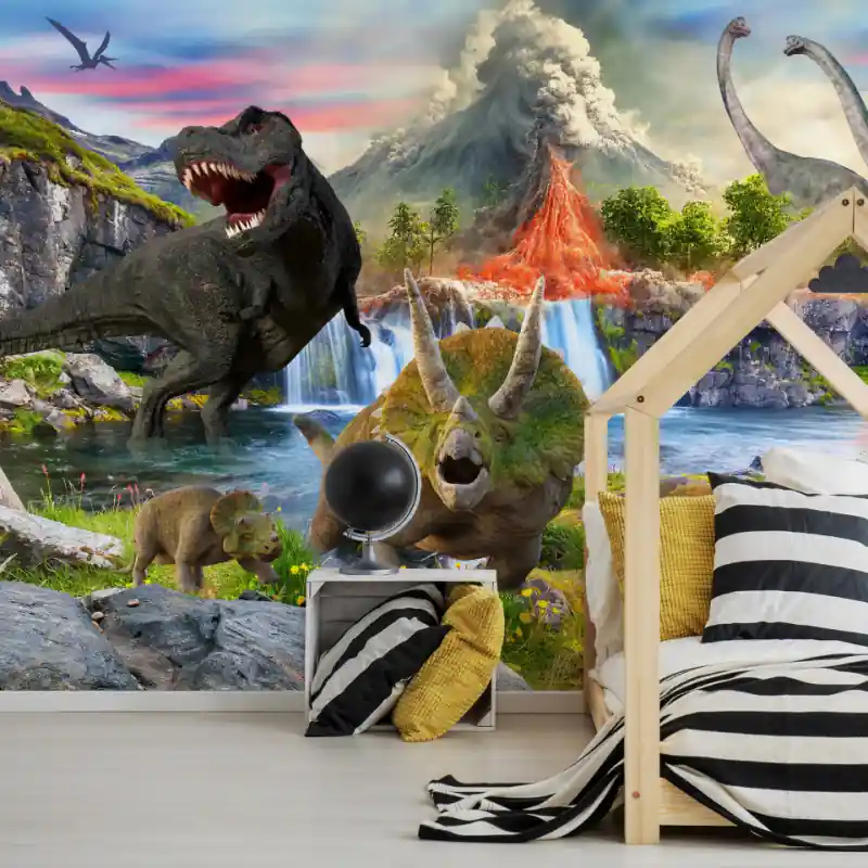 Fototapet - Dinozauri realiști - reptile în peisaj cu vulcan și cascadă Plată securizată