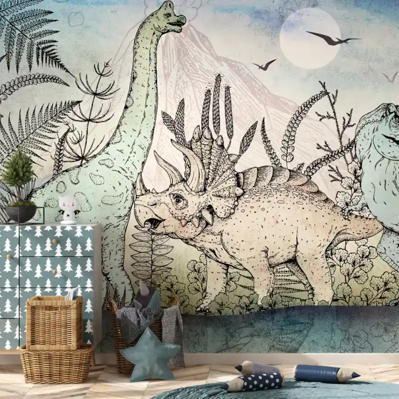 Premium Fototapet - Dinozauri pentru copii mici - Triceratops, Tyranozaur și Diplodok