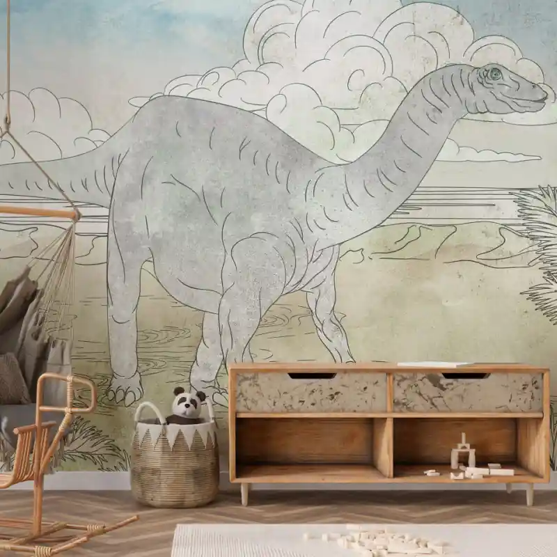 Fototapet - Paradisul Jurasic - dinozaur desenat manual în culori pastelate Preț mic