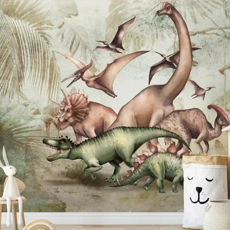 Expediere rapidă Fototapet - Dinozauri pentru cei mici - Triceratops, Tyranozaur și Stegozaur