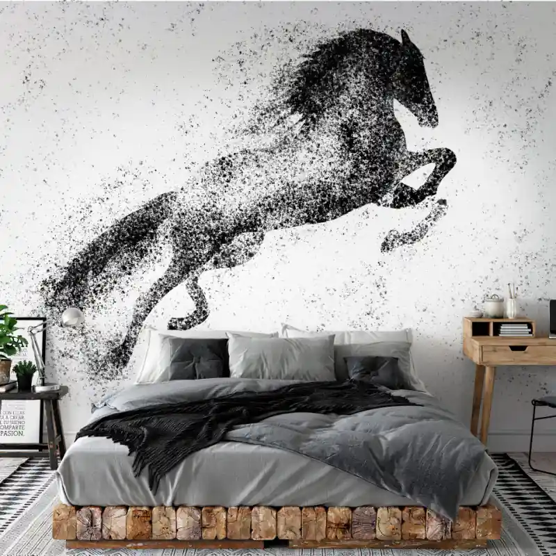 Fototapet - Cal galopant - animal negru sărind expresiv pictat cu puncte Reducere