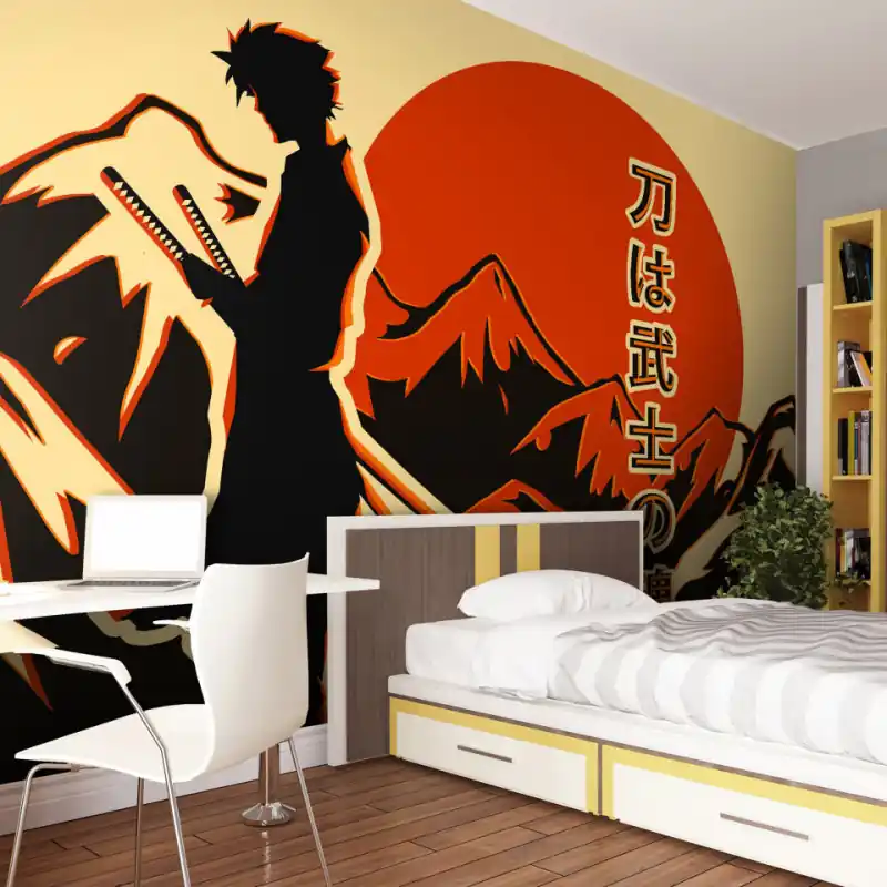 Fototapet - Samurai singuratic - inscripție japoneză, peisaj montan și personaj anime Reducere