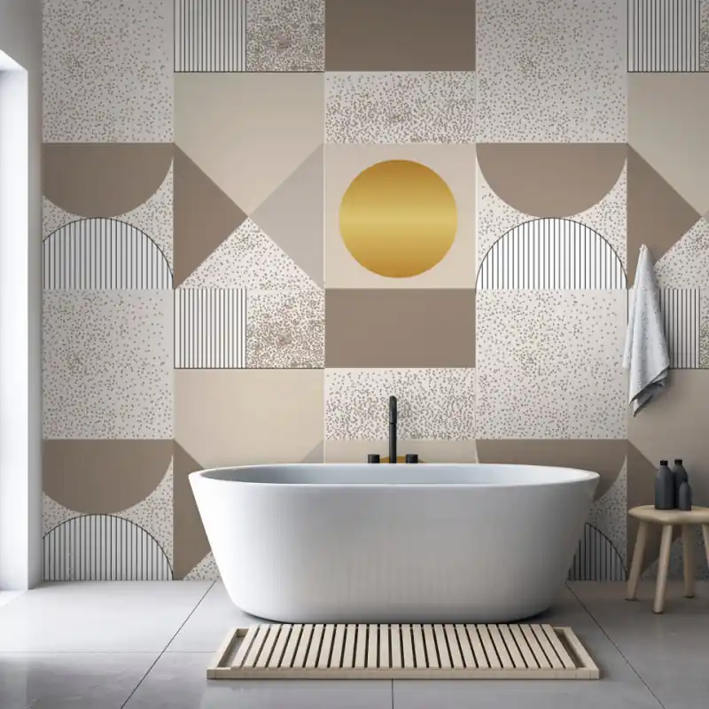 Reducere extra Fototapet - Model geometric bej și auriu