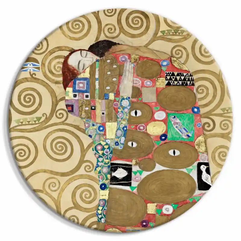 Tablou rotund - The Fulfillment of Gustav Klimt - An Abstract Portrait of a Couple in an Embrace Mai ieftin