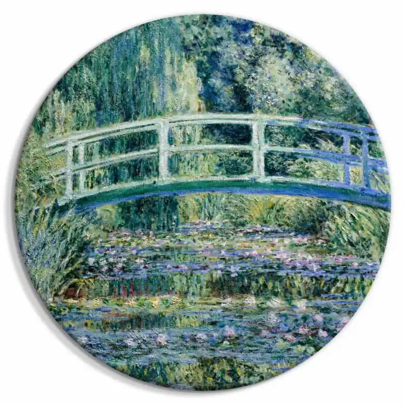 Preț mic Tablou rotund - Japanese Bridge at Giverny Claude Monet - Spring Landscape of a Forest With a River