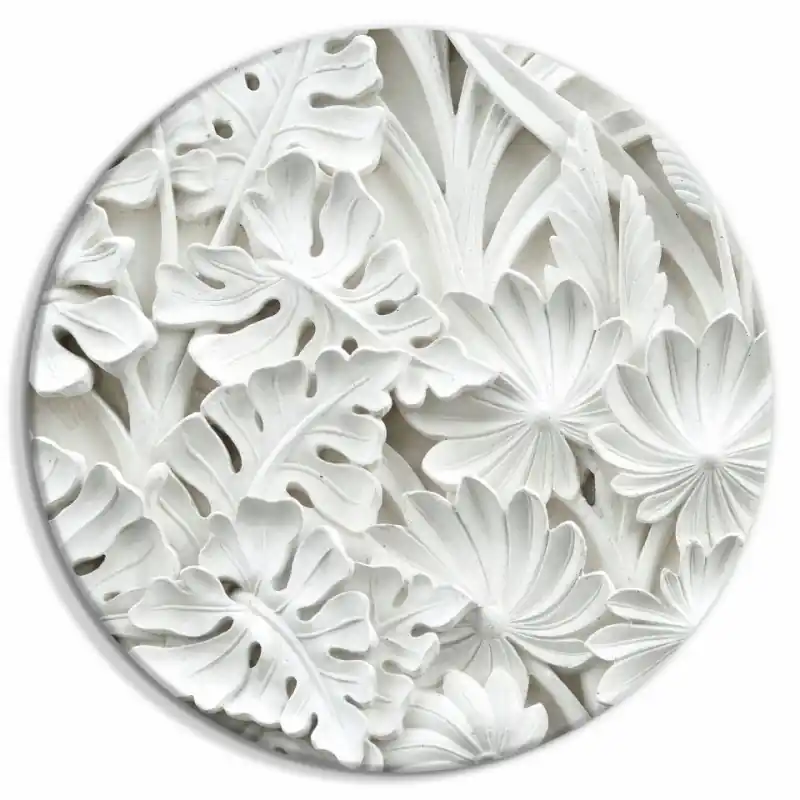Tablou rotund - Carved Nature - Pattern With White Leaves Made of Stone Ofertă limitată