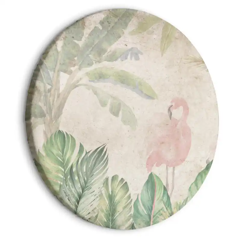 Ultima șansă Tablou rotund - Birds wading among exotic flora - Flamingos amidst lush tropical vegetation in soft pastel shades of green/Birds in the jungle