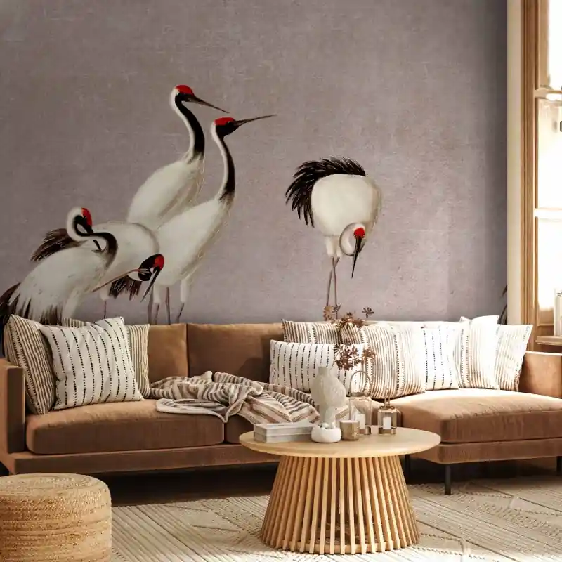 Bestseller Fototapet - Cranes on a grey-pink background