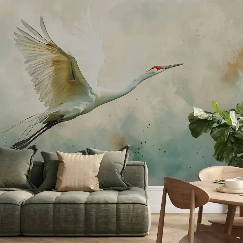 Bestseller Fototapet - Crane in flight - bird painted in watercolour against a greenish texture
