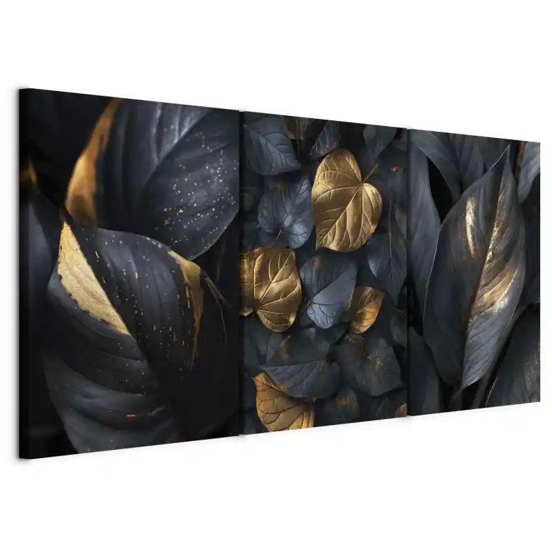 Tablou - Triptych in black and gold glamour leaves Calitate înaltă