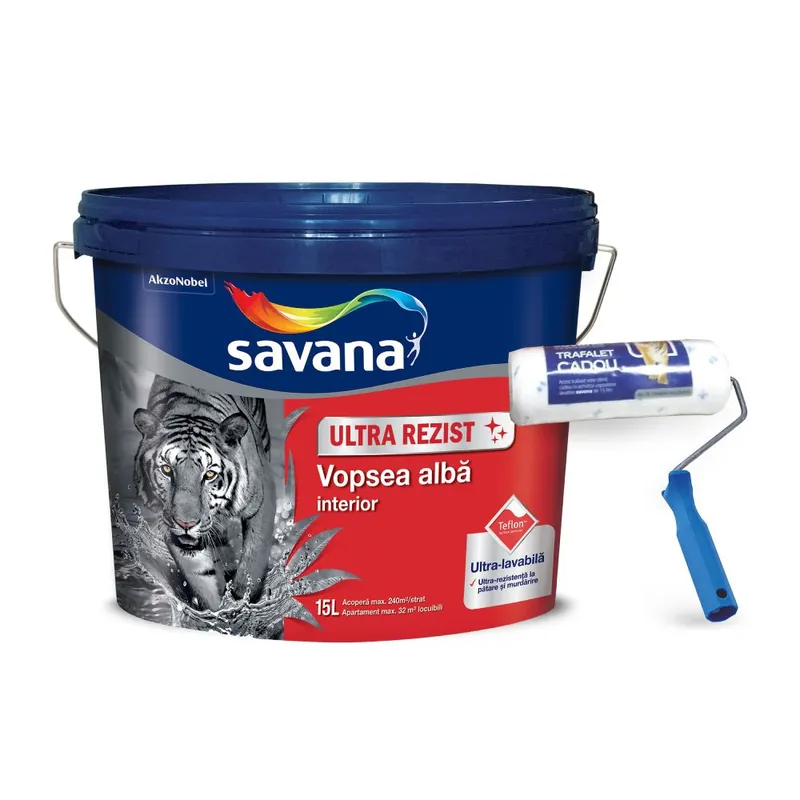 Pachet vopsea superlavabila pentru interior, Savana Teflon 15 L + trafalet microstar 18 cm Preț promoțional
