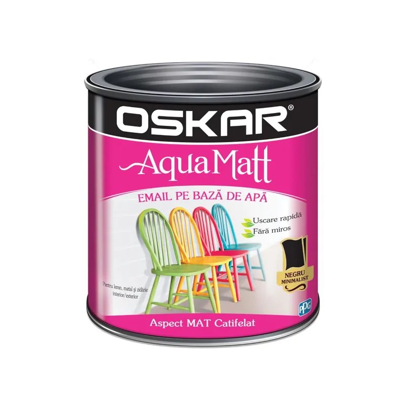 Disponibil imediat Vopsea pentru lemn/metal, Oskar Aqua Matt, interior/exterior, pe baza de apa, Negru minimalist 2.5 L