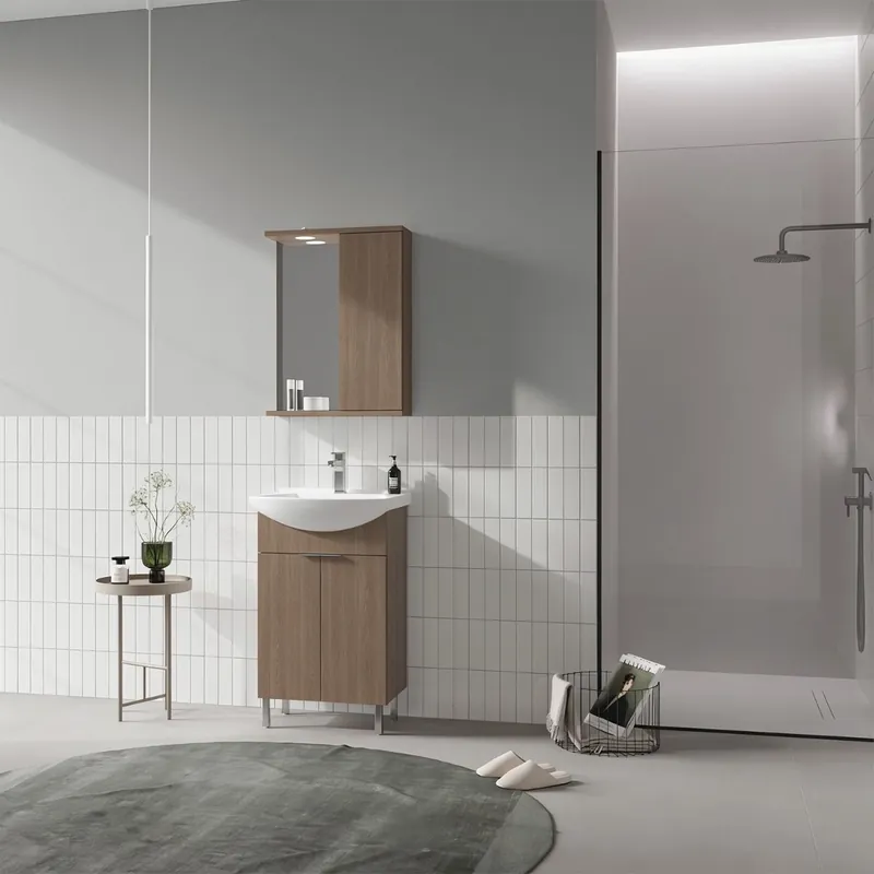 Calitate înaltă Set mobilier baie Orka Purus, 3 piese, oglinda cu LED si dulap integrat, oak, 55 cm