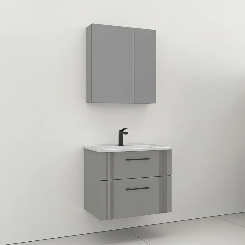 Ofertă exclusivă Set mobilier baie Orka Bari, 3 piese, cu sertare, oglinda cu dulap integrat, suspendat, cashmere, 65 cm