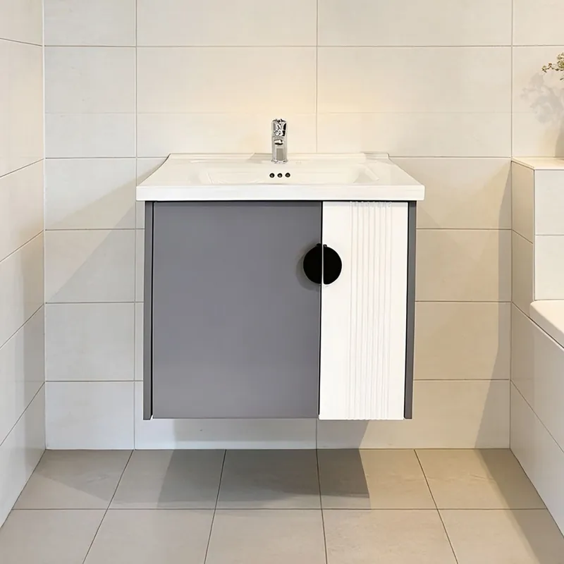 Expediere rapidă Masca baie cu lavoar inclus Celesta Perseus White-Grey, plywood, 2 usi cu inchidere lenta, suspendat, 60 cm