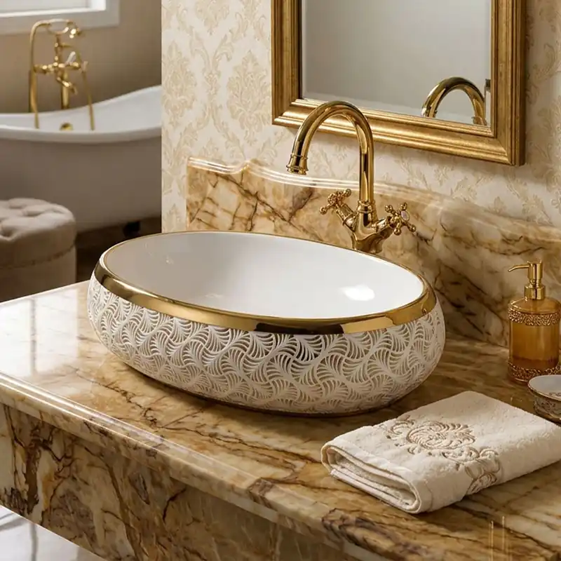 Lavoar baie pe blat Celesta Helios 1015572, 60 x 40 x 15 cm, ceramica, auriu-alb Reducere
