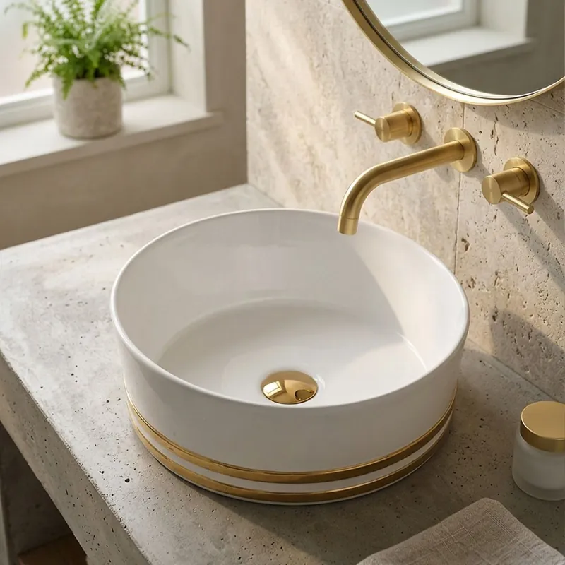 Lavoar baie pe blat Celesta Saturn, 40.5 x 40.5 x 17 cm, ceramica, alb-auriu Chilipir