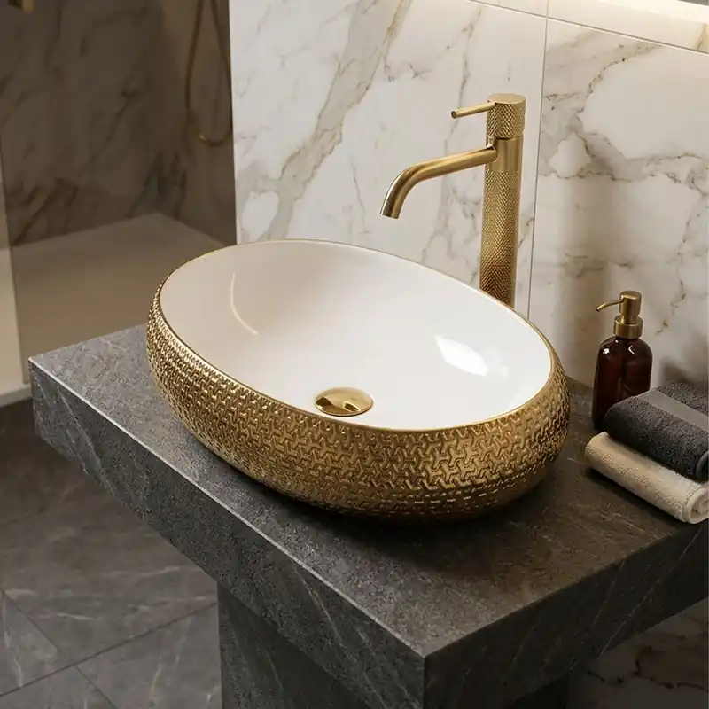 Disponibil imediat Lavoar baie pe blat Celesta Helios 1015571, 60 x 40 x 15 cm, ceramica, auriu-alb