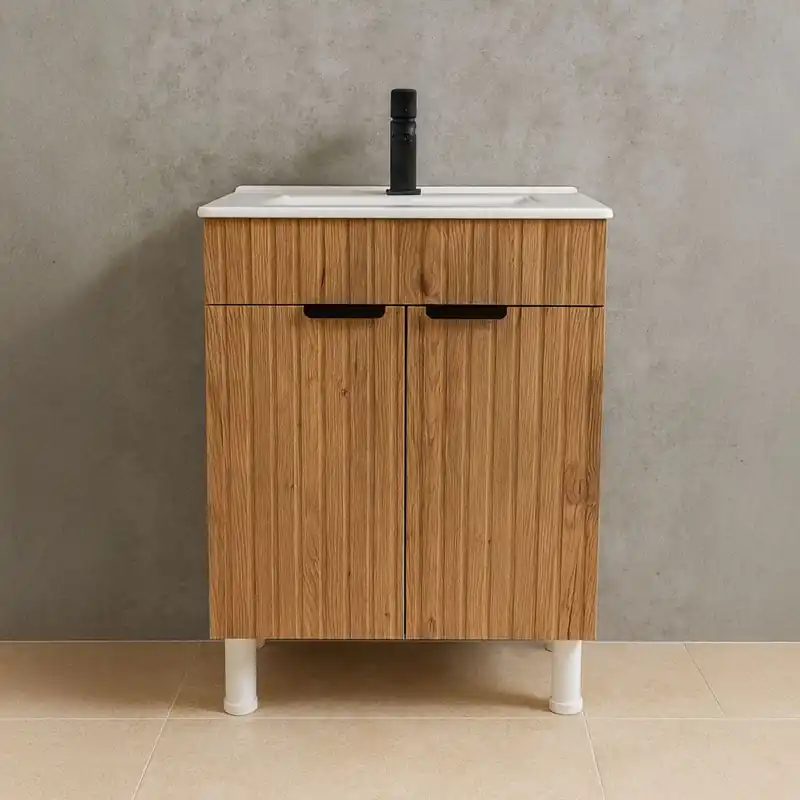 Masca baie cu lavoar inclus Natura Terra, MDF+PAL, usi cu inchidere lenta, pe pardoseala, 60 cm, stejar Livrare expres