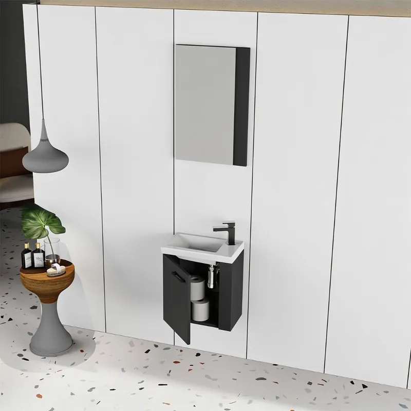 Cel mai vândut Set mobilier baie Minibox, 3 piese, MDF, usa cu inchidere lenta, suspendat, gri antracit, 45 cm