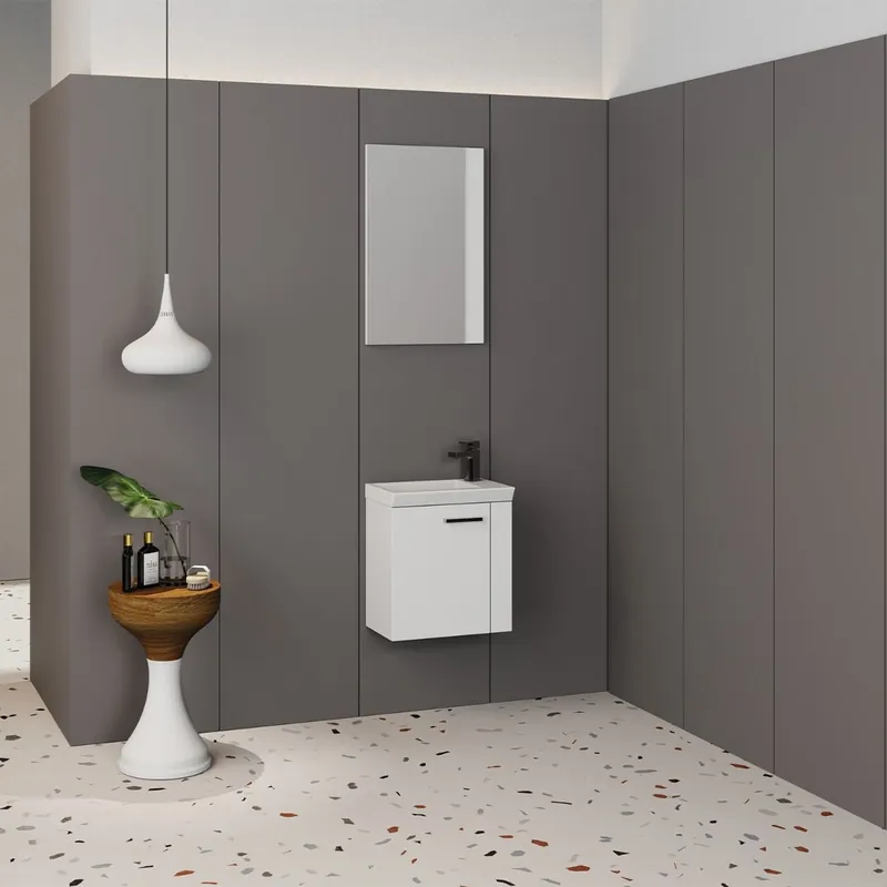 Set mobilier baie Minibox, 3 piese, MDF, usa cu inchidere lenta, suspendat, alb, 45 cm Disponibil imediat