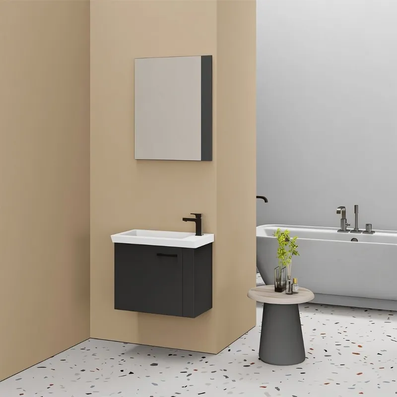 Cumpără online Set mobilier baie Maxibox, 3 piese, MDF, usa cu inchidere lenta, suspendat, gri antracit, 60 cm