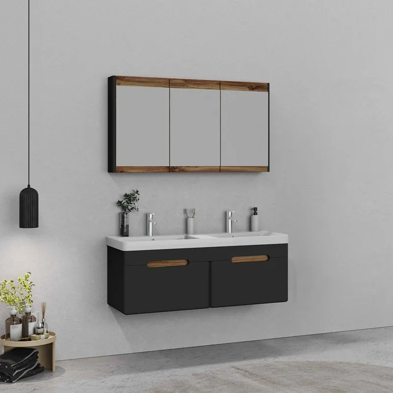 Ofertă limitată Set mobilier baie Tondo, 3 piese, MDF, lavoar dublu, sertare cu inchidere lenta, suspendat, gri antracit, 120 cm