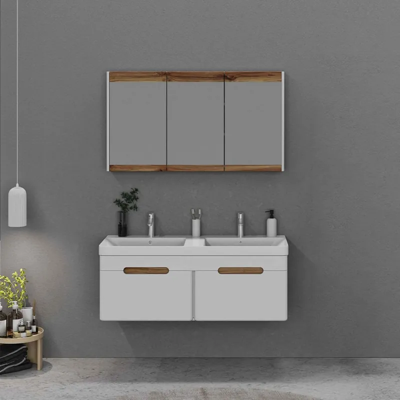 Set mobilier baie Tondo, 3 piese, MDF, lavoar dublu, sertare cu inchidere lenta, suspendat, alb, 120 cm Cel mai vândut