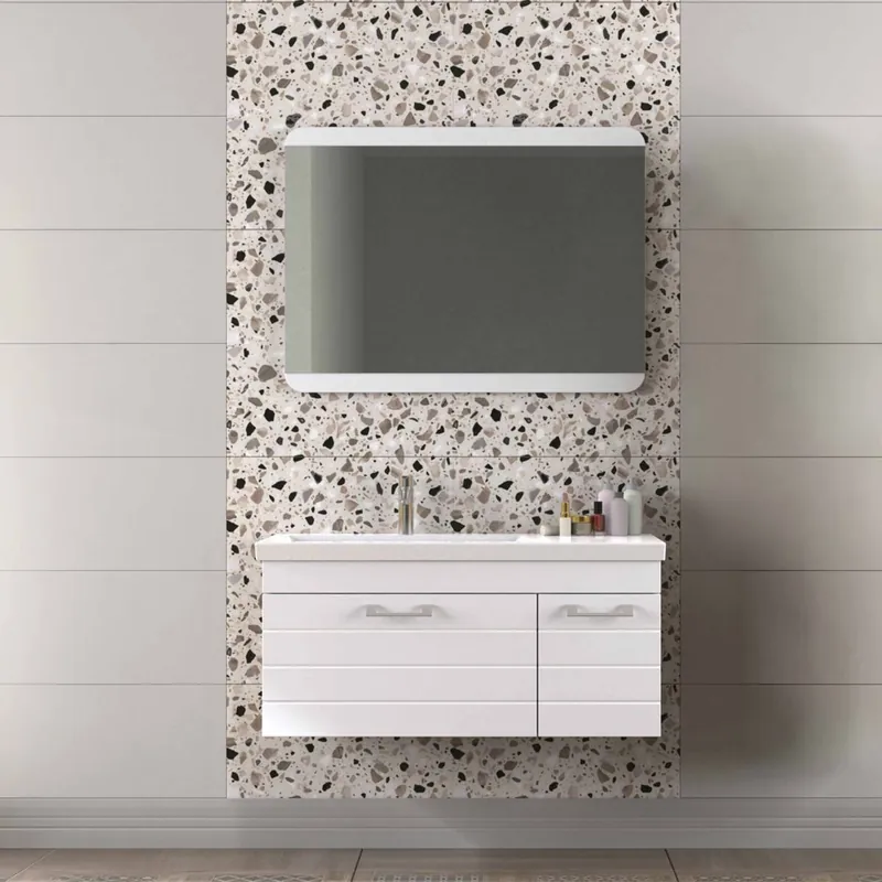 Set mobilier baie Ludo, 3 piese, MDF, sertar si usa cu inchidere lenta, suspendat, alb, 100 cm Super ofertă