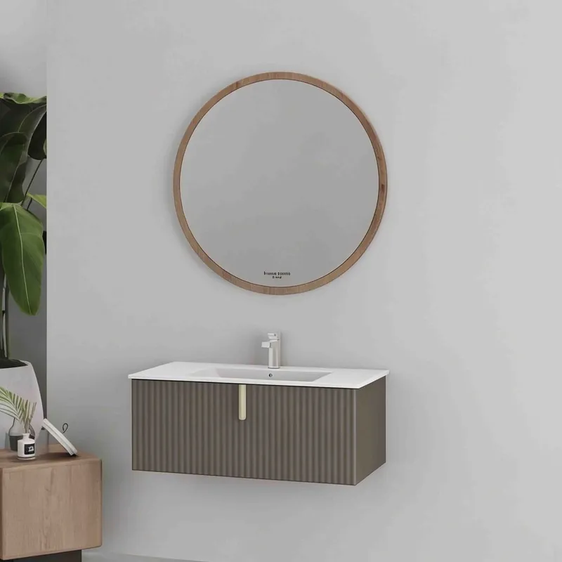 Reducere Set mobilier baie Pierre Cardin Oak, 3 piese, MDF, sertar cu inchidere lenta, suspendat, bej, 91 cm
