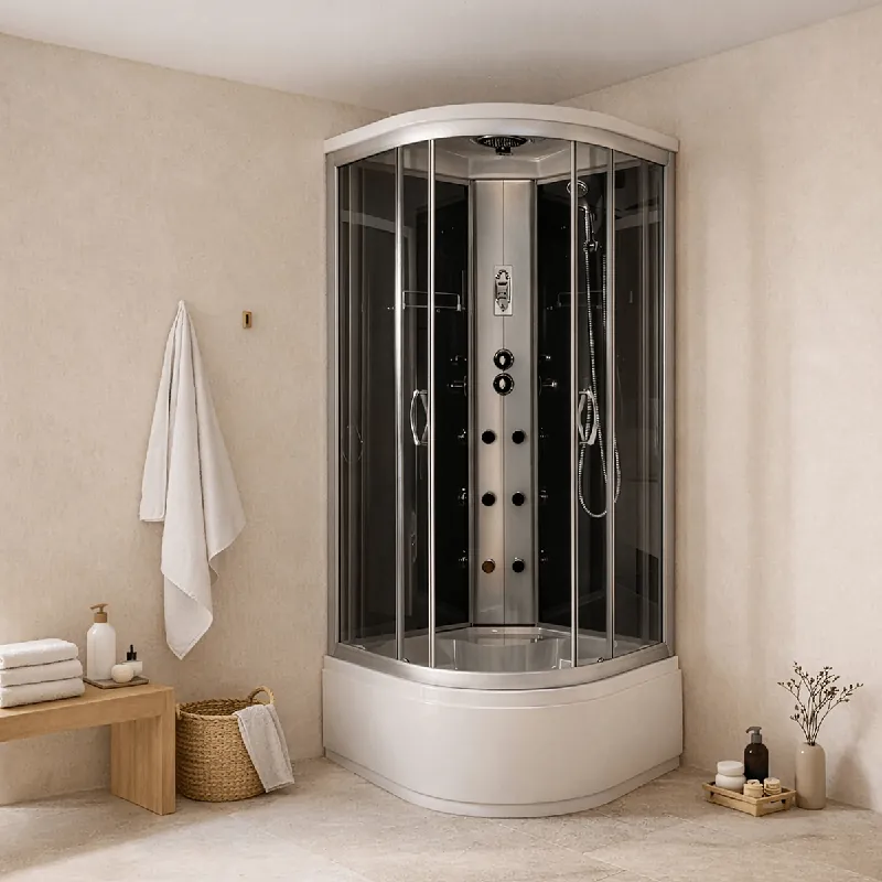 Calitate înaltă Cabina de dus cu hidromasaj semirotunda Caraibe, sticla 4 mm, 90x90x215 cm, profil argintiu, cadita inalta si sifon incluse