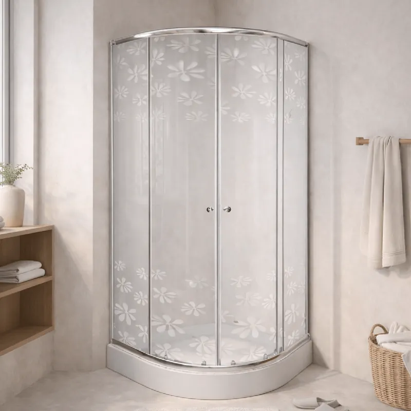 Cabina de dus simpla Marbella, sticla serigrafiata 4 mm model floral, 90x90x195 cm, profil cromat, cadita joasa si sifon incluse Cel mai vândut