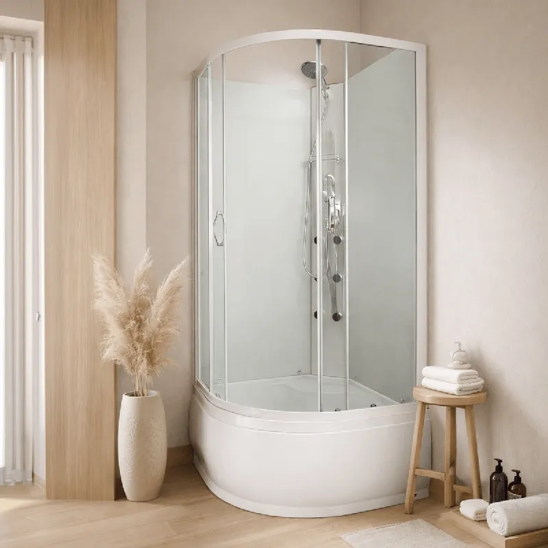 Reducere Cabina de dus cu hidromasaj semirotunda Sol, sticla transparenta, 90x90x215 cm, profil alb, cadita inalta si sifon incluse