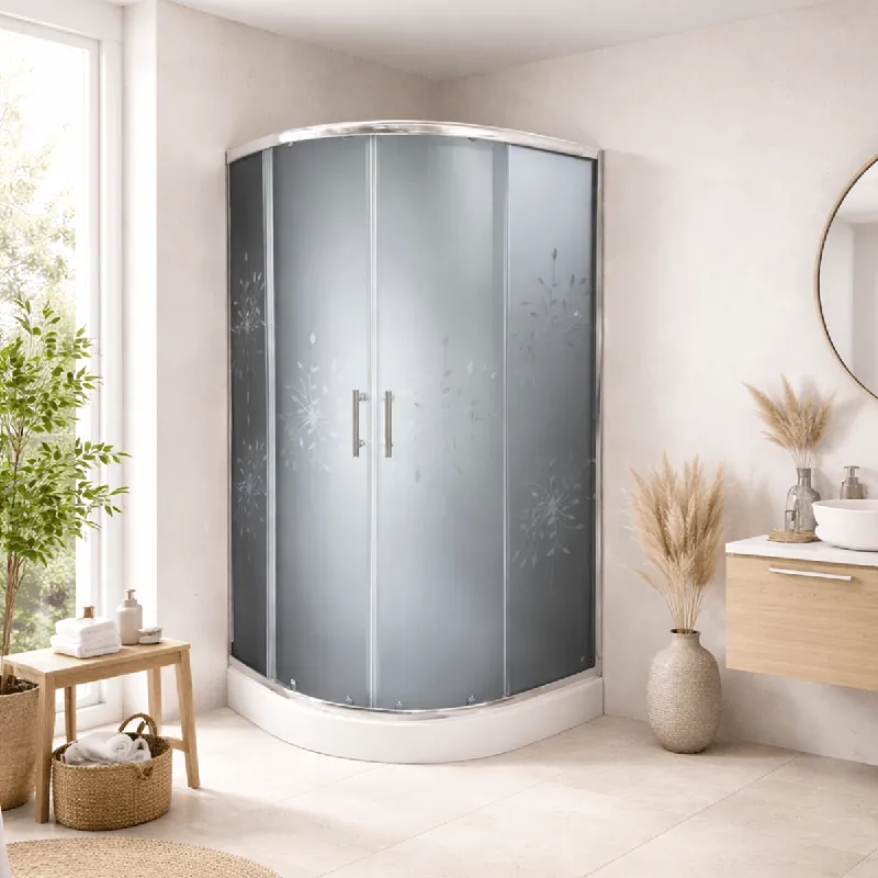 Ultima șansă Cabina de dus simpla semirotunda Mallorca, sticla sablata fumurie 4 mm, 90x90x195 cm, profil cromat, cadita joasa si sifon incluse