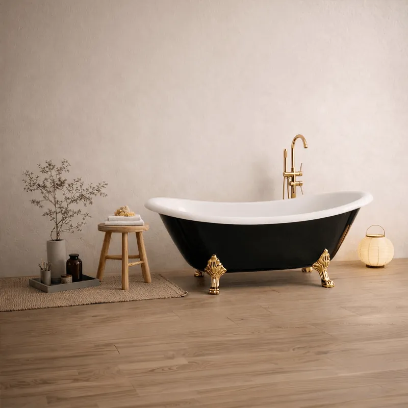 Cada baie freestanding Bella* BSM-410, acril, 170 x 75 x 75 cm, negru lucios, picioare aurii Preț redus