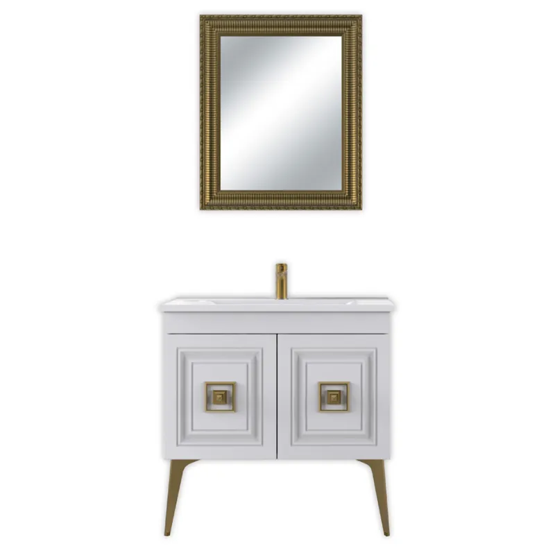 Ofertă de sezon Set mobilier baie Nile, 3 piese, alb-auriu, 85 cm