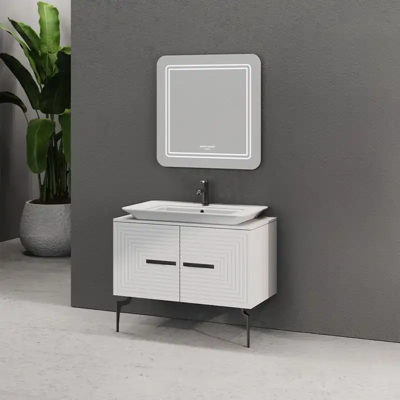 Ofertă exclusivă Set mobilier baie Pierre Cardin Halley, 3 piese, oglinda cu LED, alb-negru, 100 cm