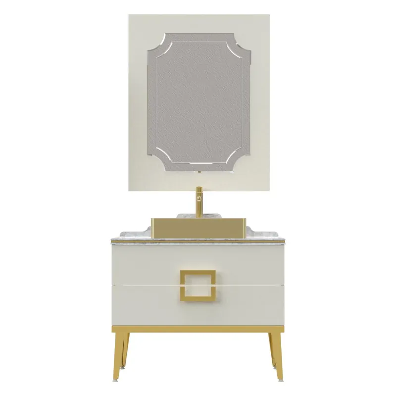 Set mobilier baie Pierre Cardin Mercury, 3 piese, 90 cm, alb-auriu Livrare expres