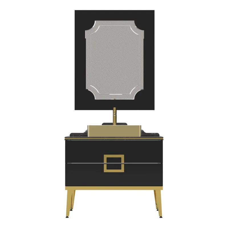 Set mobilier baie Pierre Cardin Mercury, 3 piese, negru-auriu, 90 cm Super ofertă