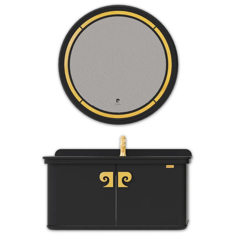 Reducere extra Set mobilier baie Pierre Cardin Eva, suspendat, 3 piese, negru-auriu mat, 101 cm