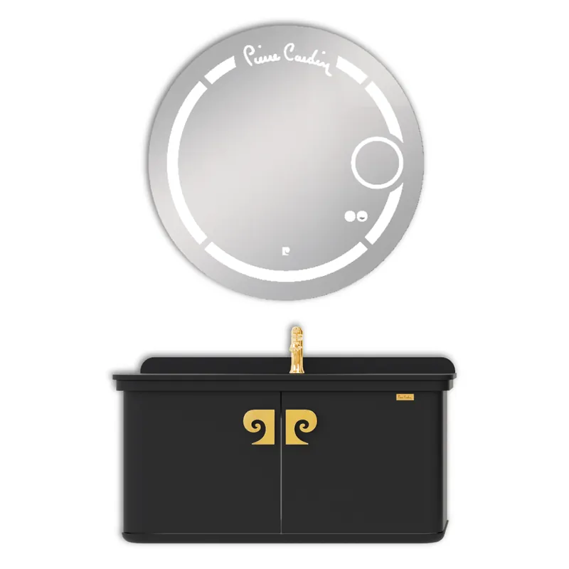 Set mobilier baie Pierre Cardin Eva Led, suspendat, 3 piese, negru-auriu, 101 cm Preț redus