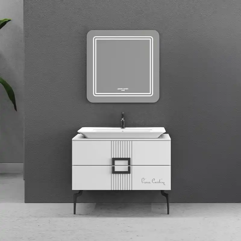 Bestseller Set mobilier baie Pierre Cardin Vega, 3 piese, oglinda cu LED, alb-negru, 100 cm