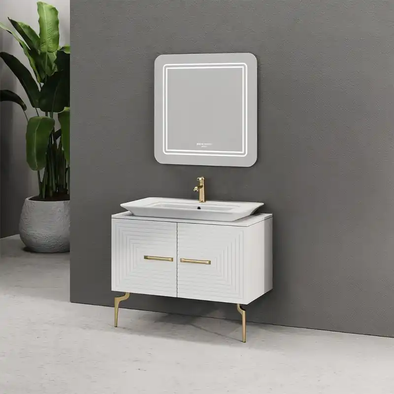 Set mobilier baie Pierre Cardin Halley, 3 piese, oglinda cu LED, alb-auriu, 100 cm Ofertă limitată